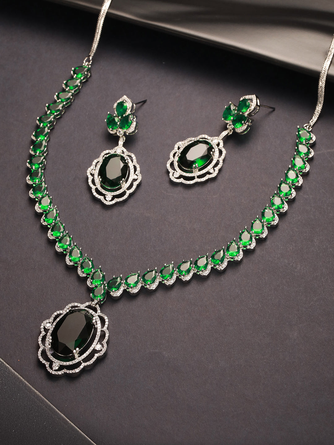 Silver Rhodium Plated Emerald Green Cubic Zirconia  Designer Bridal  Pendant Jewellery Set